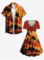 Tenue assortie pour couple avec motif citrouille d'Halloween, cocotier et montagne - Orange 