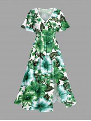 Robe midi hawaïenne fendue imprimé fleurs et feuilles d'hibiscus - Vert 1X