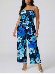Combinaison Hawaï à imprimé fleurs d'hibiscus et feuilles tropicales avec poche V, ceinture et bretelles amovibles - Bleu profond 1X