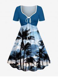 Robe trapèze ceinturée à imprimé Hawaï ciel dégradé cocotiers - Bleu clair 3X