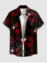 Halloween Spider Web Lip Print Button Pocket Shirt For Men -  