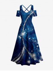 Robe trapèze à épaules dénudées et bretelles croisées, imprimé Hawaï galaxie Voie lactée pailleté - Bleu profond 3X