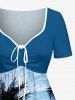 Robe trapèze ceinturée à imprimé Hawaï ciel dégradé cocotiers - Bleu clair 3X