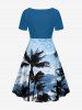 Robe trapèze ceinturée à imprimé Hawaï ciel dégradé cocotiers - Bleu clair 3X