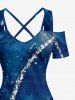 Robe trapèze à épaules dénudées et bretelles croisées, imprimé Hawaï galaxie Voie lactée pailleté - Bleu profond 3X