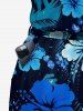 Combinaison Hawaï à imprimé fleurs d'hibiscus et feuilles tropicales avec poche V, ceinture et bretelles amovibles - Bleu profond 1X