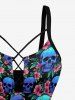 Skulls Hibiscus Flower Leaf Print Hawaii Lace Up Tankini Swimsuit (Adjustable Shoulder Strap) -  