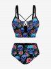 Skulls Hibiscus Flower Leaf Print Hawaii Lace Up Tankini Swimsuit (Adjustable Shoulder Strap) -  