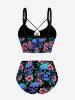 Skulls Hibiscus Flower Leaf Print Hawaii Lace Up Tankini Swimsuit (Adjustable Shoulder Strap) -  