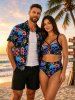 Skulls Hibiscus Flower Leaf Print Hawaii Lace Up Tankini Swimsuit (Adjustable Shoulder Strap) -  
