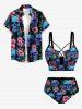 Skulls Hibiscus Flower Leaf Print Hawaii Lace Up Tankini Swimsuit (Adjustable Shoulder Strap) -  