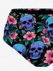 Tankini à lacets imprimé crânes, fleurs et feuilles d'hibiscus Hawaï (bretelles ajustables) - Émeraude 6X