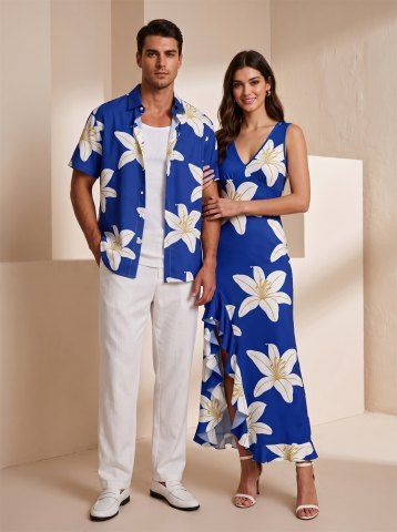 Tenue de plage hawaïenne assortie pour couples, motif fleurs - BLUE