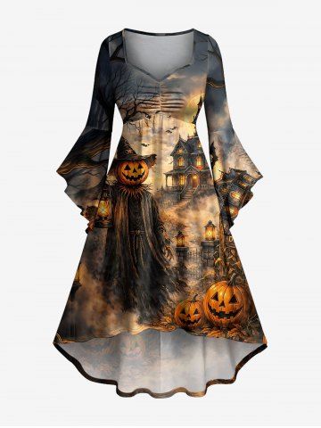 Robe asymétrique froncée, courte devant et longue derrière, imprimé ombré Halloween citrouilles, sorcières, chauve-souris, château, lune et arbre - LIGHT BROWN - 3X