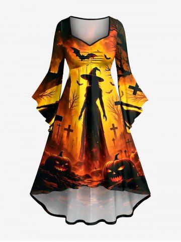 Halloween Pumpkin Castle Bat Cross Witches Print Ruched High Low Asymmetric Dress - BURNT ORANGE - 3X