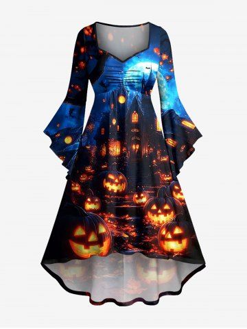 Halloween Pumpkin Lantern Castle Ombre Galaxy Print Ruched High Low Asymmetric Dress - MIDNIGHT BLUE - L