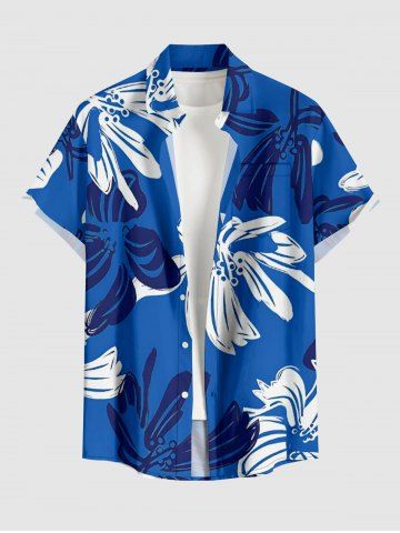Two Tone Flower Print Hawaii Button Pocket Shirt For Men - BLUE - 6XL