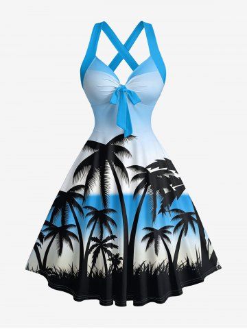 Coconut Tree Ombre Print Crisscross Straps Bowknot Hawaii Tank Dress - LAKE BLUE - XXXL