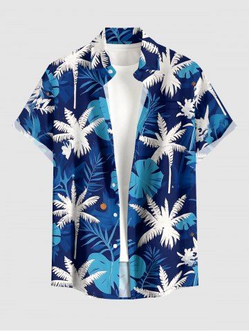 Coconut Tree Tropical Leaf Print Buttons Pocket Hawaii Shirt For Men - BLUE - 3XL