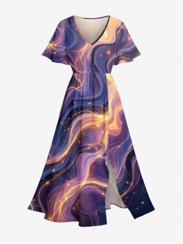 Galaxy Marble Fluid Art Print Split Hawaii Midi Dress - CONCORD - 6X