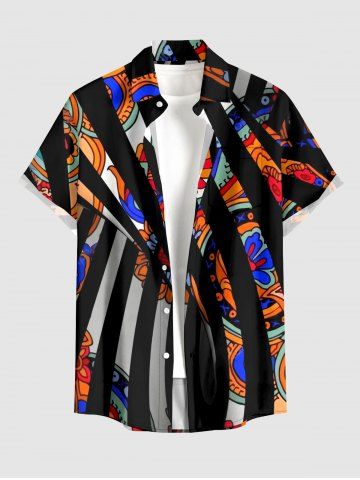 Striped Ethnic Graphic Flower Print Hawaii Button Pocket Shirt For Men - BLACK - M