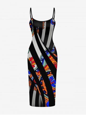Robe hawaïenne à rayures et imprimé floral ethnique graphique - BLACK - 6X