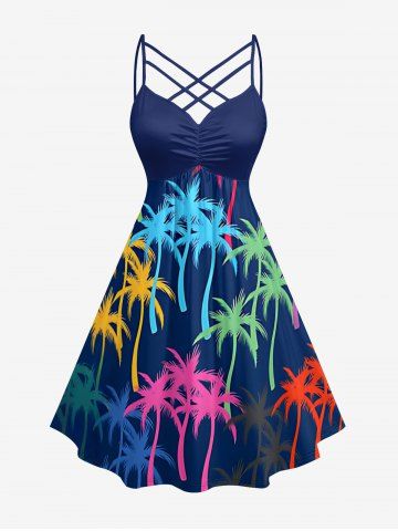 Robe trapèze hawaïenne froncée à bretelles fines croisées, imprimé cocotiers colorés - DEEP BLUE - 2X