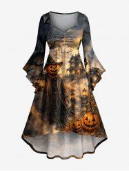 Robe asymétrique froncée à ourlet haut-bas avec imprimé dégradé citrouille, sorcières, chauve-souris, château, lune et arbre d'Halloween - Brun Légère 6X