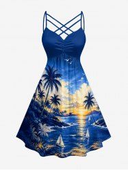 Robe hawaïenne imprimée cocotiers, voilier et paysage marin, froncée avec bretelles croisées ajourées - Bleu Marine 2X