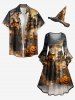 Robe asymétrique froncée à ourlet haut-bas, imprimé dégradé Halloween citrouille, sorcières, chauve-souris, château, lune et arbre - Brun Légère XS