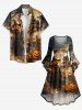 Robe asymétrique froncée à ourlet haut-bas, imprimé dégradé Halloween citrouille, sorcières, chauve-souris, château, lune et arbre - Brun Légère XS