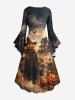 Robe asymétrique froncée à ourlet haut-bas, imprimé dégradé Halloween citrouille, sorcières, chauve-souris, château, lune et arbre - Brun Légère XS