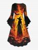 Robe asymétrique à imprimé Halloween citrouille château chauve-souris croix sorcières, à fronces et à ourlet haut-bas - Orange Foncé XXS