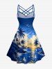 Robe hawaïenne à imprimé paysage marin avec cocotier et voilier, fronces, croisillons et bretelles croisées - Bleu Marine XXS