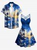 Robe hawaïenne à imprimé paysage marin avec cocotier et voilier, fronces, croisillons et bretelles croisées - Bleu Marine XXS