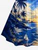 Robe hawaïenne à imprimé paysage marin avec cocotier et voilier, fronces, croisillons et bretelles croisées - Bleu Marine XXS