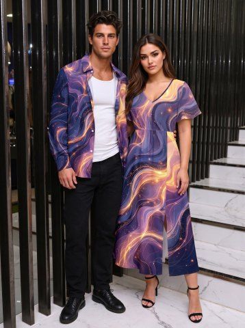 Galaxy Marble Fluid Art Print Matching Hawaii Beach Outfit For Couples - CONCORD