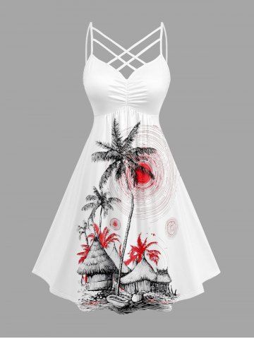 Robe hawaïenne à imprimé cocotier, soleil et chaumière, froncée avec bretelles croisées en résille - WHITE - 6X