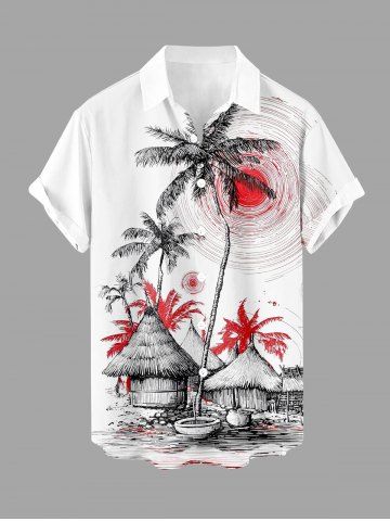 Coconut Tree Sun Thatched Cottage Print Buttons Pocket Hawaii Shirt For Men - WHITE - 2XL