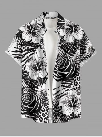 Rose Hibiscus Flowers Print Buttons Pocket Hawaii Shirt For Men - BLACK - XL
