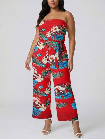 Combinaison hawaïenne à poche avec imprimé fleurs et feuilles tropicales, ceinture et bretelles amovibles - RED - M