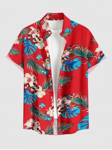 Flowers Tropical Leaf Print Buttons Pocket Hawaii Shirt For Men - RED - L