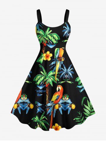Robe débardeur Hawaï imprimé cocotier, perroquet et fleurs (bretelles réglables) - BLACK - 5X