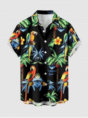 Coconut Tree Parrot Flowers Print Buttons Pocket Hawaii Shirt For Men - BLACK - 5XL
