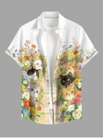 Colorful Flower Cute Cat Print Hawaii Button Pocket Shirt For Men - WHITE - 5XL