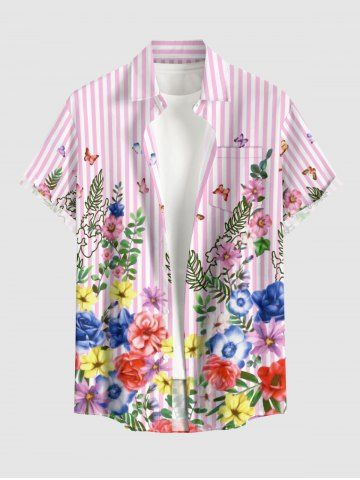Colorful Flower Leaf Butterfly Striped Print Hawaii Button Pocket Shirt For Men - PINK - 4XL