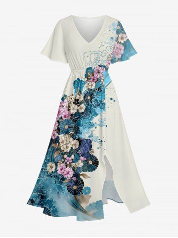 Japanese Style Wave Flower Print Hawaii Split Pocket A Line Midi Dress - LAKE BLUE - 6X