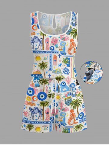 Coconut Tree Mermaid Seascape Print Hawaii Drawstring Pocket Romper - SKY BLUE - XS
