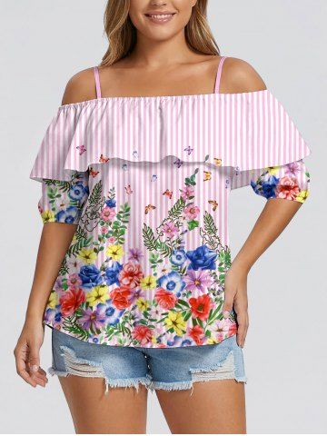Colorful Flower Leaf Butterfly Striped Print Hawaii Ruffles Cold Shoulder Blouse - PINK - 5XL