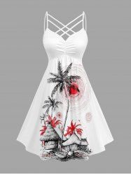 Robe Hawaïenne Imprimée Motif Cocotier, Soleil et Paillote, Froncée avec Lacis et Bretelles Croisées - Blanc 3X